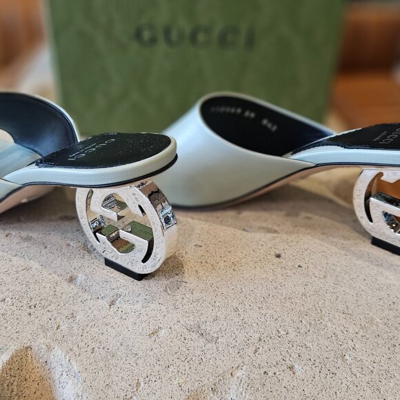 Gucci Interlocking G Heel Sandal 772569 C9D00  3409 Light Green Leather Size 39 - Picture 9 of 11